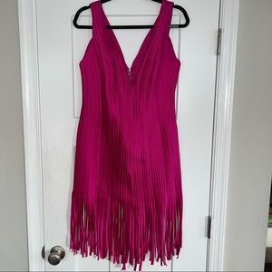 Tadashi Shoji Bodycon Vneck/Plunge Neckline Magenta Fringe Tassle Dress